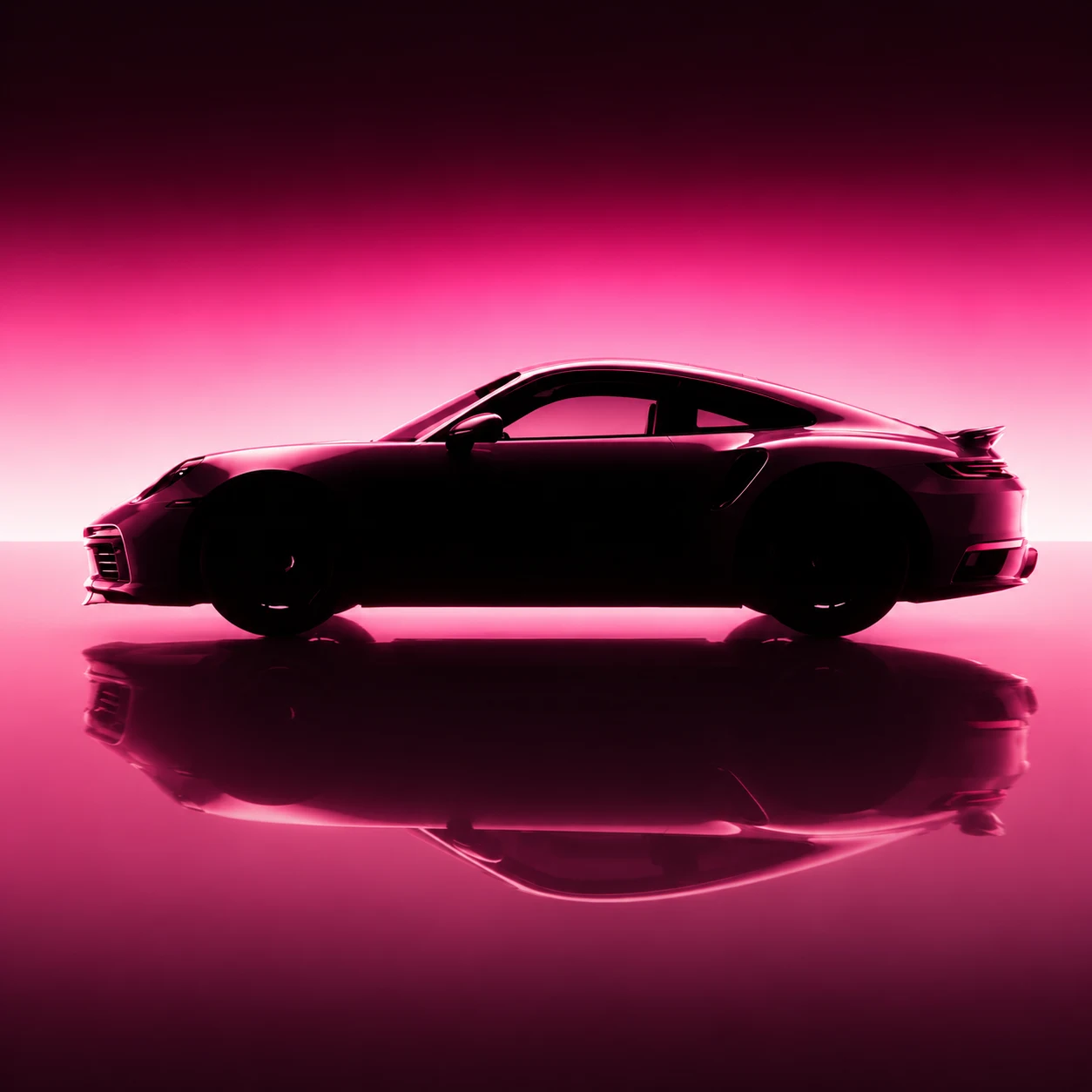 Pink-lit sports car reflected on a glossy floor