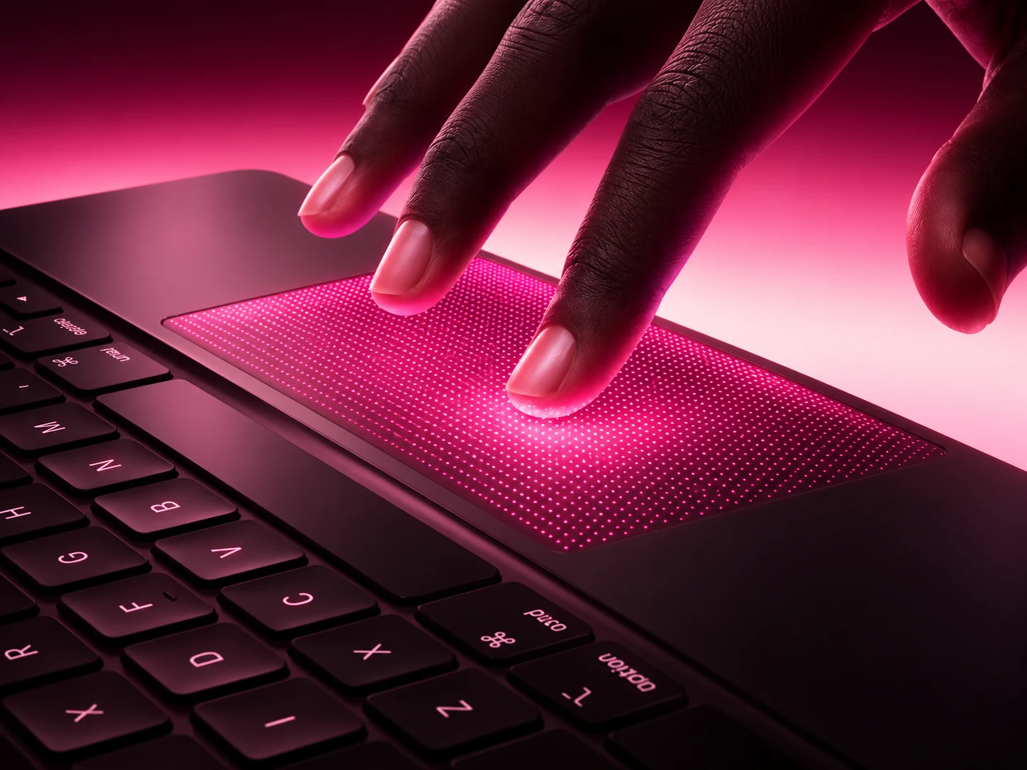 Hand interacting with an illuminated pink trackpad