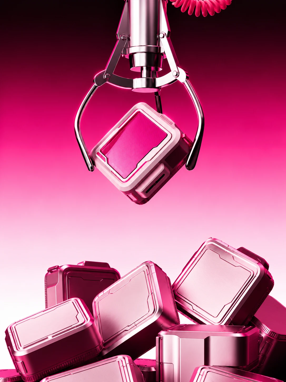 Robotic claw arranging translucent pink blocks