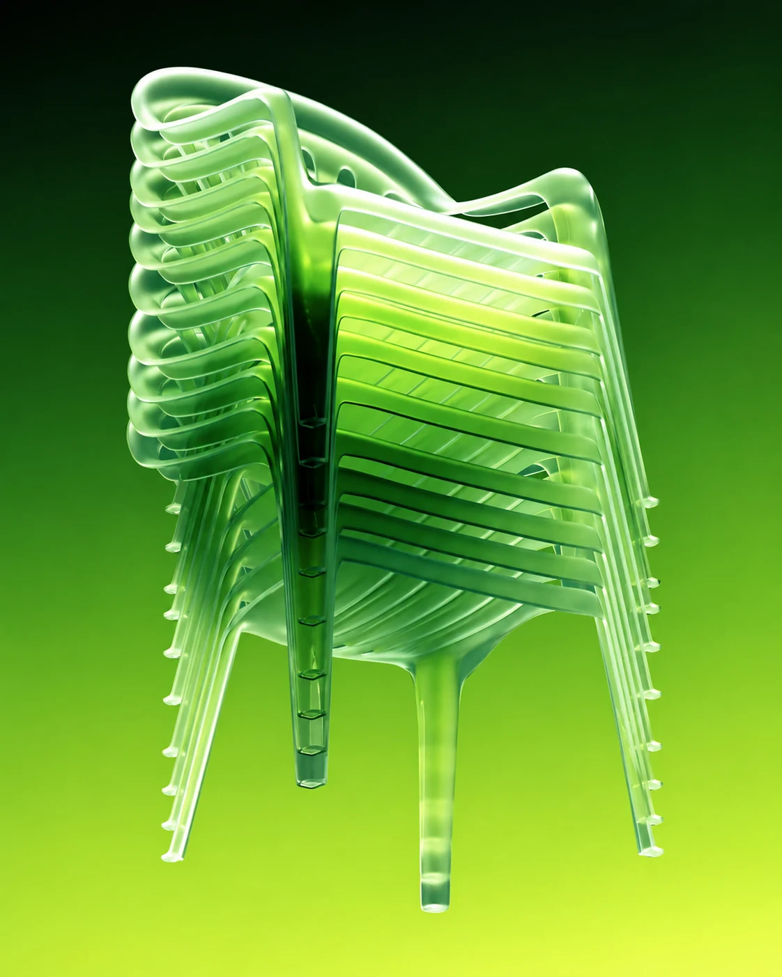 Translucent green chairs in a sculptural product arrangement