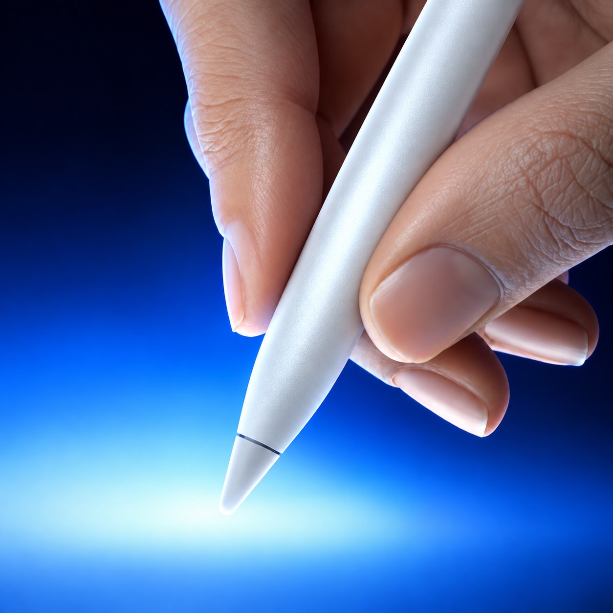 White digital stylus held in a hand